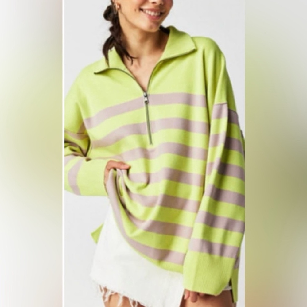 Free People Coastal Stripe Pullover Zip Front Neck Ribbed Lime Lavender XS